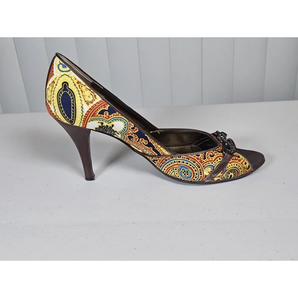 J.Crew Paisley Print Peep Toe Pump Heels Chain Detail Silk Fabric Made Italy 9.5